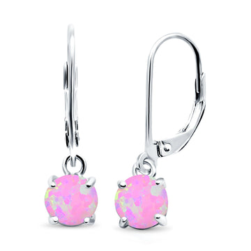 Round Lab Created Pink Opal Leverback Earrings 925 Sterling Silver (25.4mm)